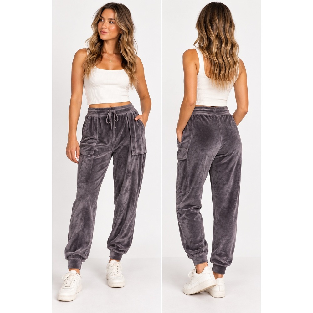 House of Harlow 1960 Nicole Richie Velour Cargo Jogger Pants Gray L